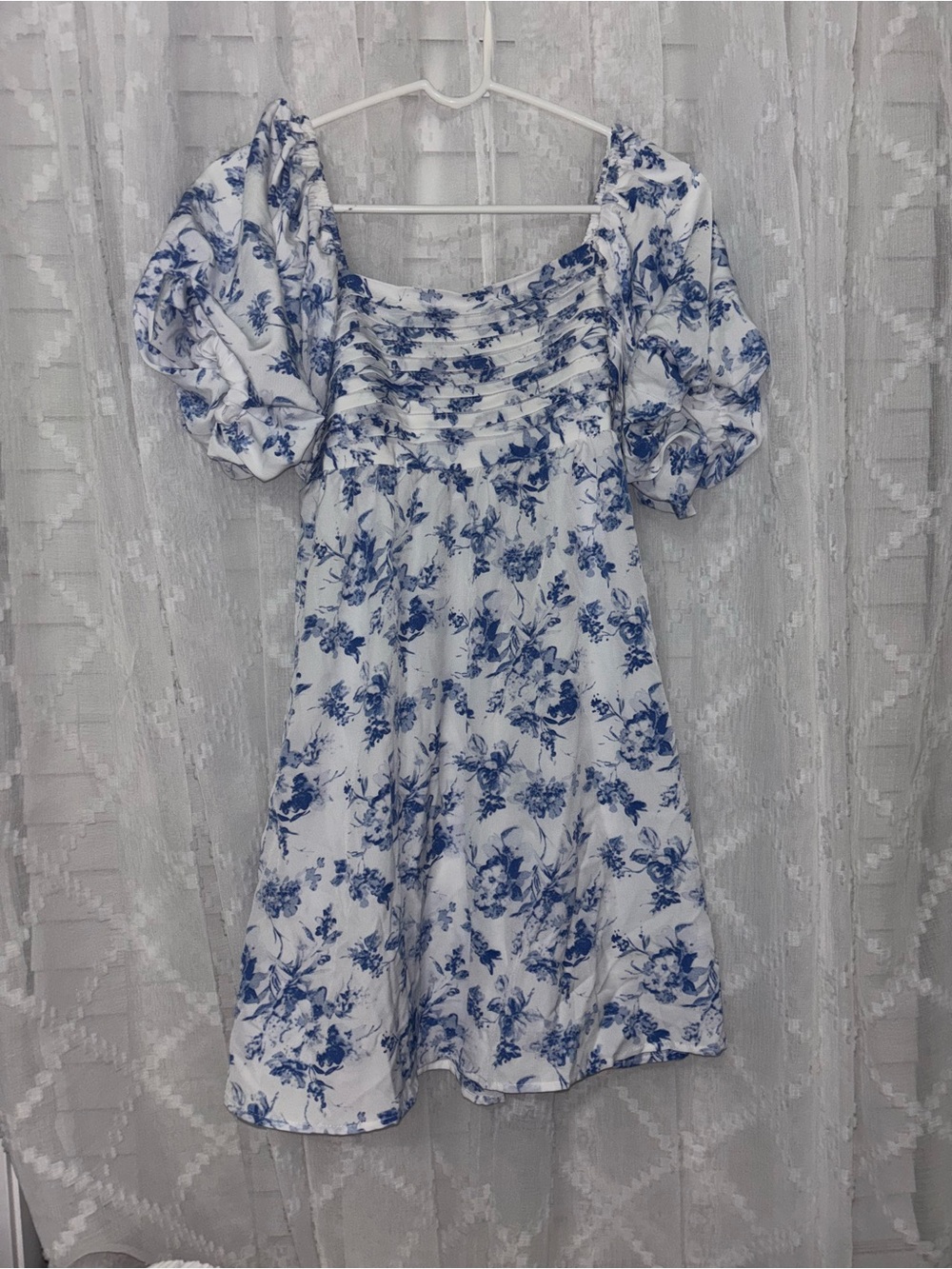 NWOT SHEIN White Dress with Blue Floral Print and Puff Sleeves